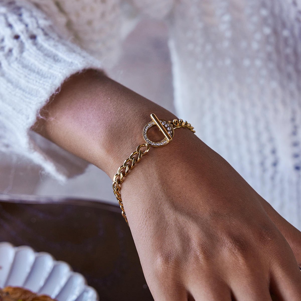 European American Luxury High-End Handmade Stainless Steel Cuff Bracelet for Women Titanium Steel Zirconium OT Clasp Fashion