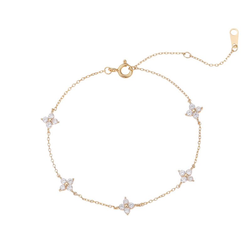 Gilded Four-Petal Flower Diamond-Accented Thin Chain Bracelet