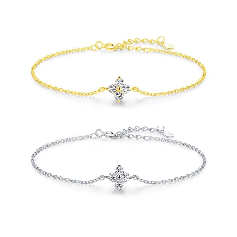 Four-Leaf Flower Diamond-Accented Dainty Chain Bracelet