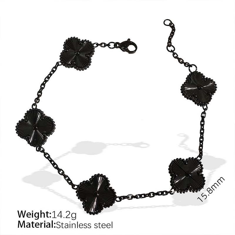 Second image of black four-leaf clover-themed metal bracelet