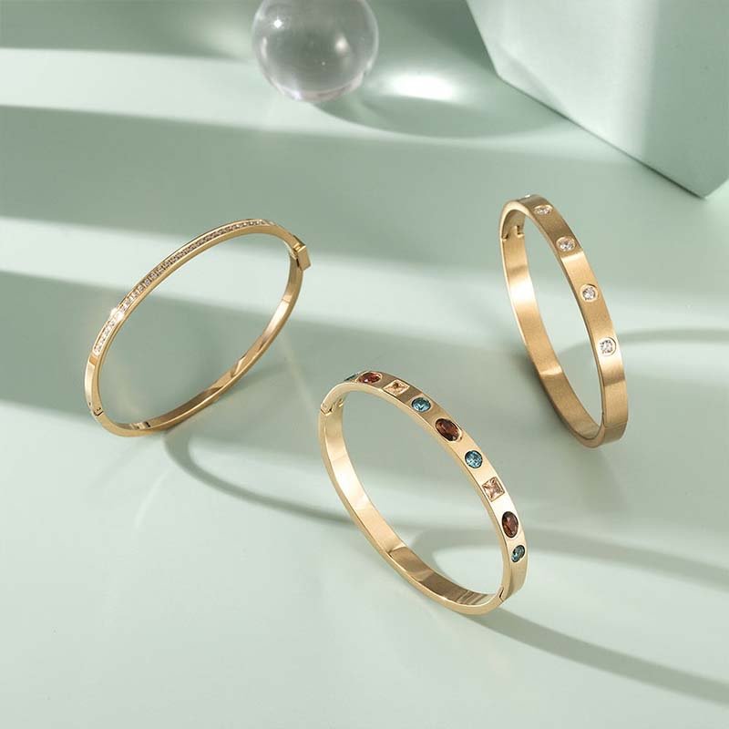 Second image of colorful gemstone mixed thin-band clasp bangle