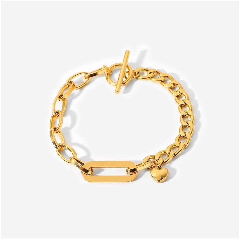 gold Cuban-link T-clasp heart pendant bracelet