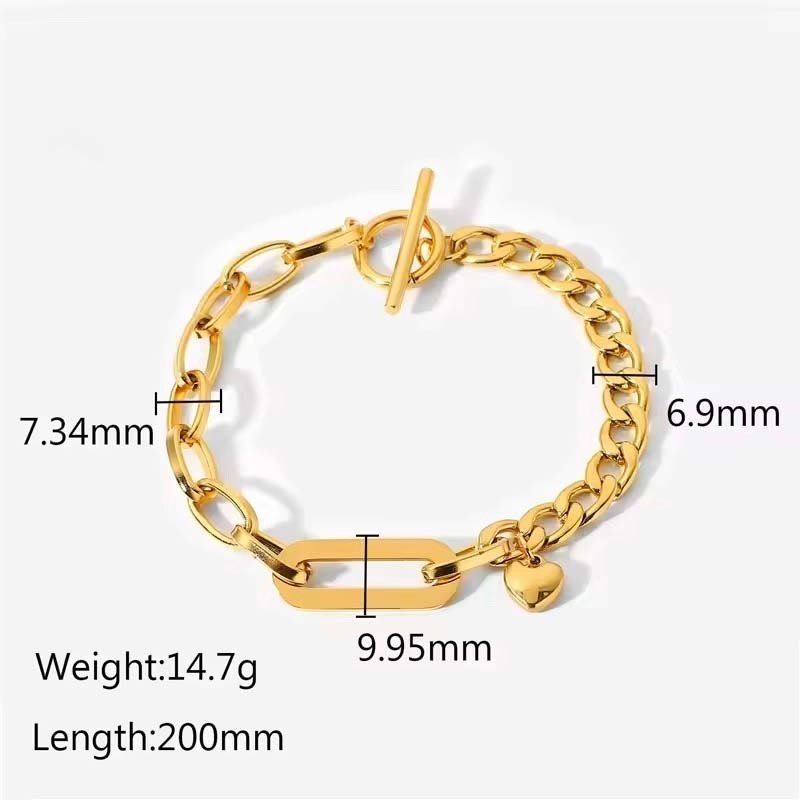 Second image of gold Cuban-link T-clasp heart pendant bracelet