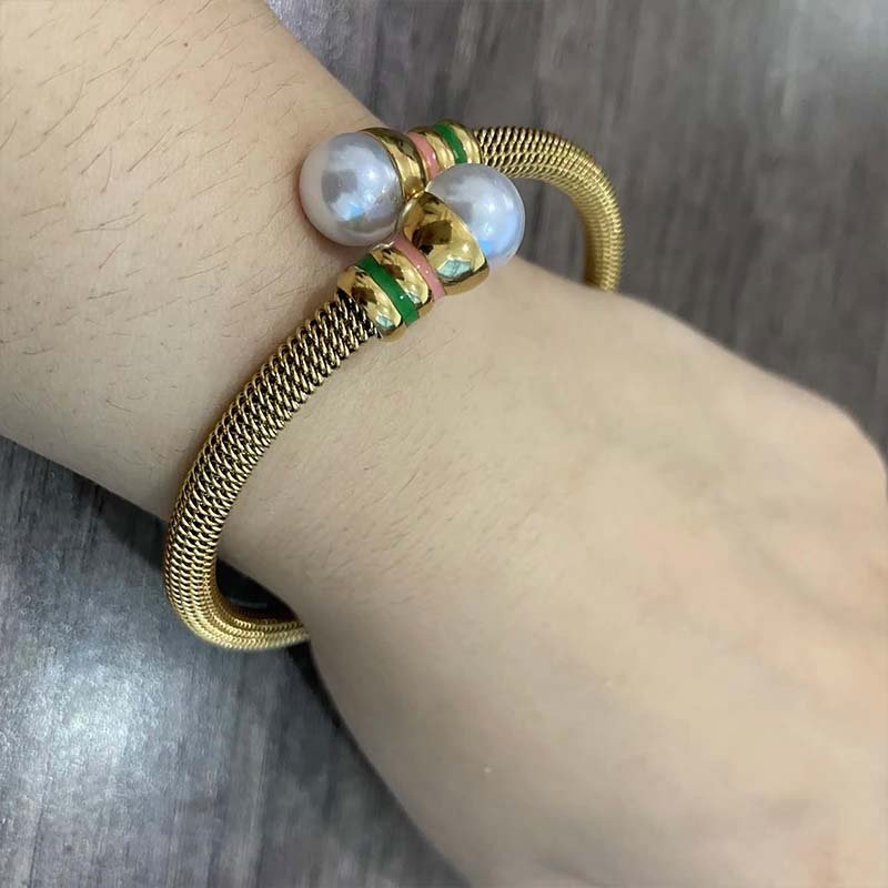 Second image of Pearl & Colored Ring Metal Cable/Mesh Bracelet