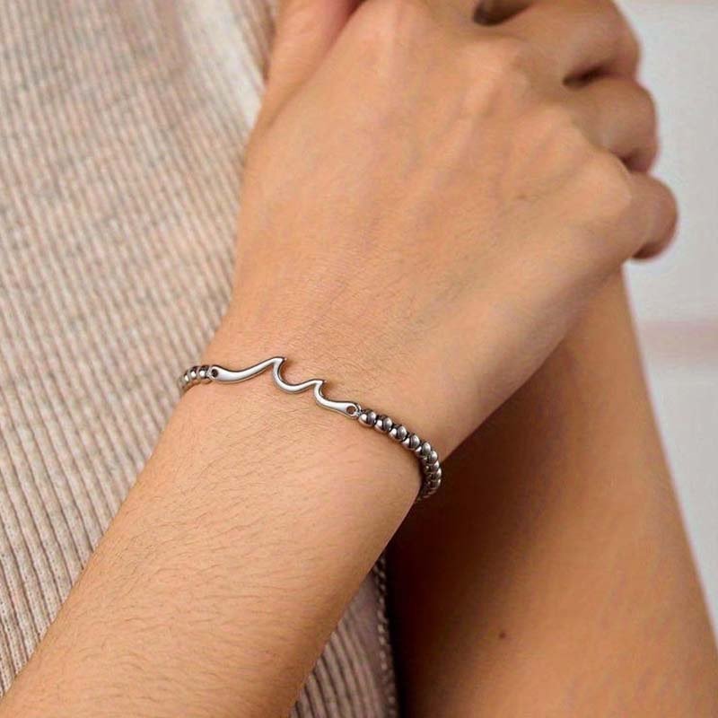 Second image of Wave-Accented Beaded Slim Chain Bracelet