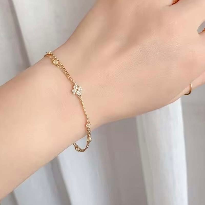Second image of Double-Chain Four-Leaf Flower Diamond-Embedded Bracelet