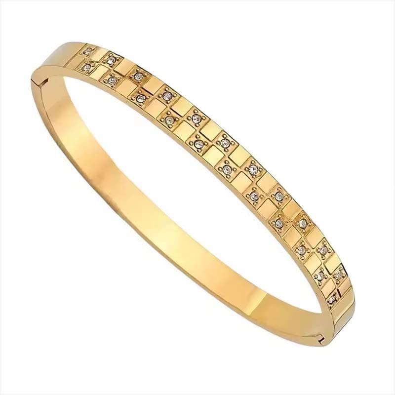 Gold-Tone Grid-Pattern CZ Bangle