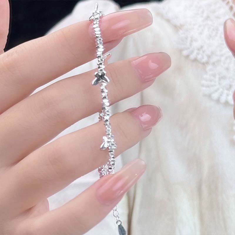 Silver-Tone Four-Leaf Clover Charm Double-Layer Thin Chain Bracelet