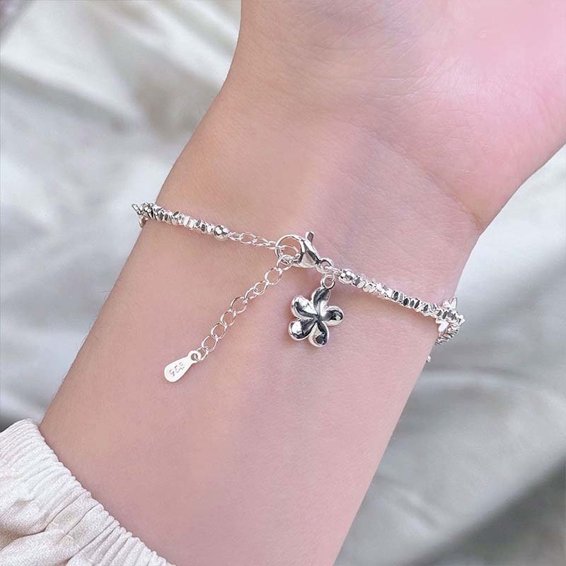 Second image of Silver-Tone Four-Leaf Clover Charm Double-Layer Thin Chain Bracelet