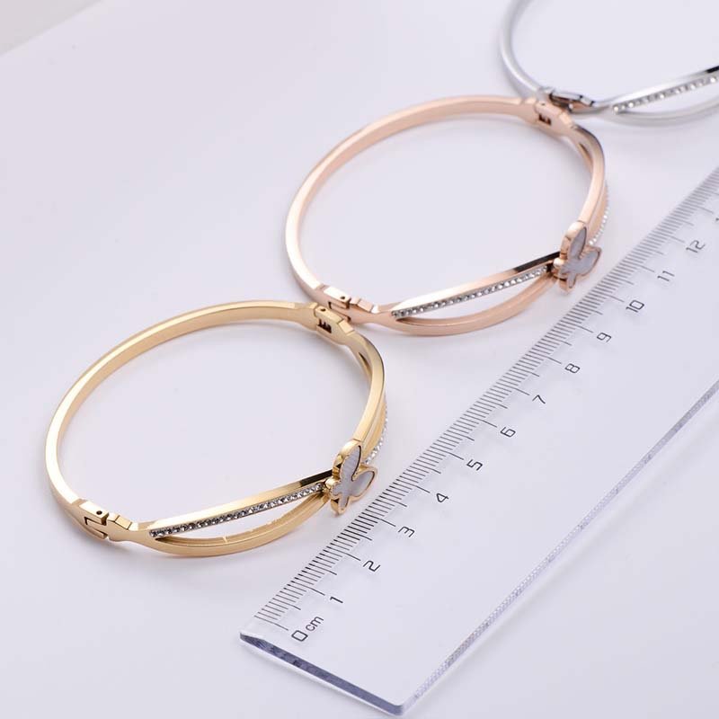 Second image of Double-Layer Gilded Bracelet with Mother-of-Pearl Butterfly & Diamond Accents