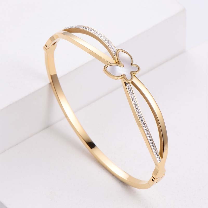 Double-Layer Gilded Bracelet with Mother-of-Pearl Butterfly & Diamond Accents